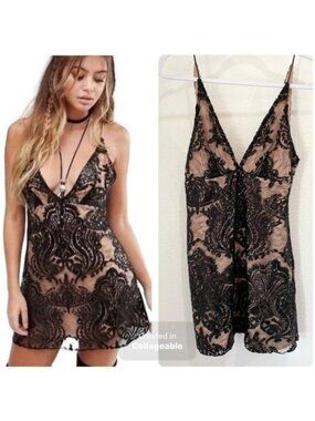 Free People Sequins Lace Black Mini Dress Ethereal Feminine Festival Strap